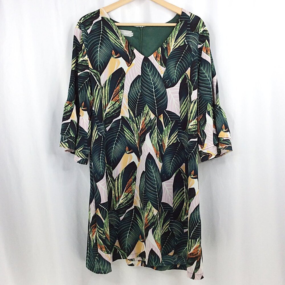 BELONGSCI Dress Womens Size XL Green Tropical Hawaiian Mini Ruffle Bell Sleeve - Picture 3 of 10